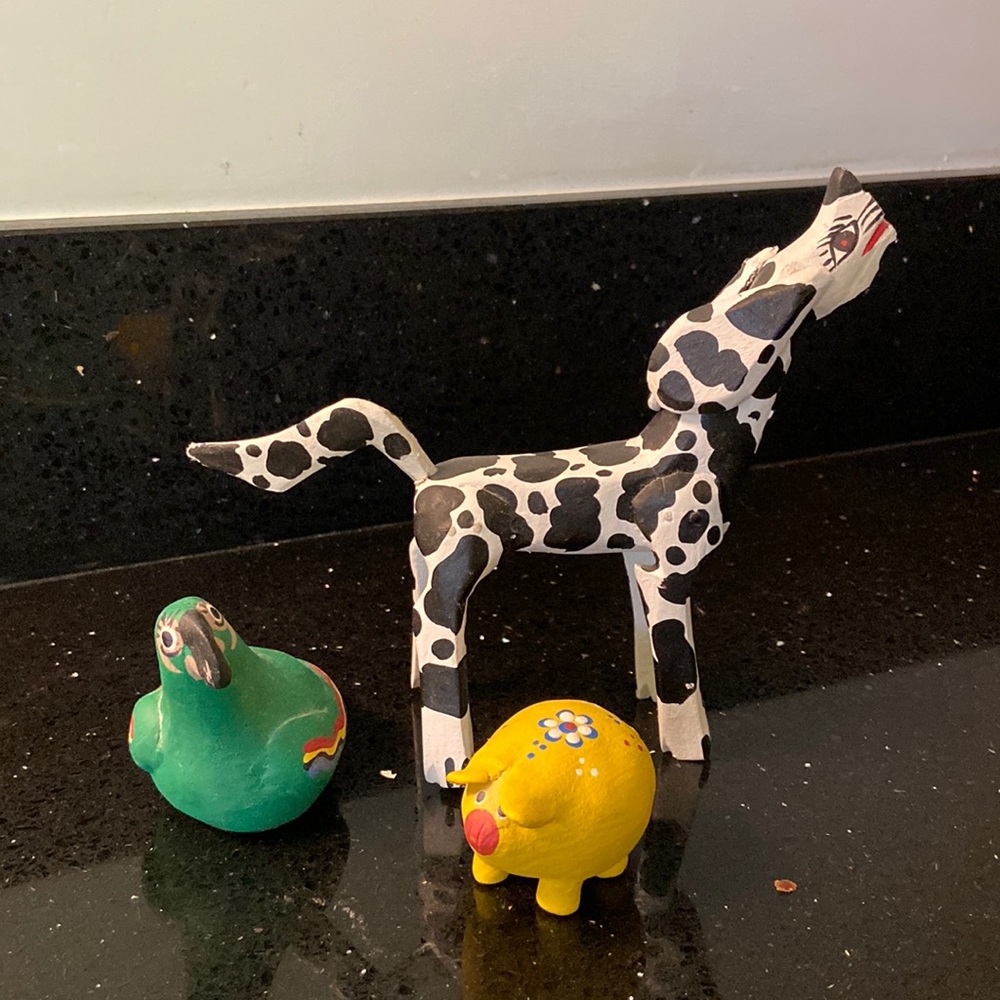 Set/3 Handmade Critters: Dog, Pig, Parrot
